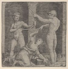 A woman kneeling at centre reaching up with her right hand to place a ring on the f..., ca. 1510-27. Creator: Marcantonio Raimondi