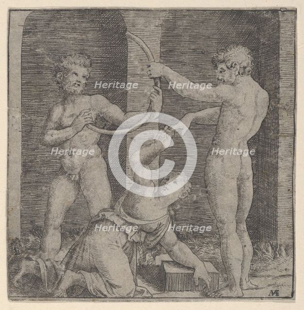 A woman kneeling at centre reaching up with her right hand to place a ring on the f..., ca. 1510-27. Creator: Marcantonio Raimondi.