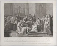 A woman kneels to kiss the foot of Pope Pius VII, with a crowd behind her at left, 1814-50. Creators: Carlo Lasinio, Vincenzo de Bonis