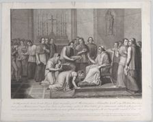 A woman kneels to kiss the foot of Pope Pius VII, with a crowd behind her at left, 1814-50. Creators: Carlo Lasinio, Vincenzo de Bonis