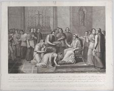 A woman kneels to kiss the foot of Pope Pius VII, with a crowd behind her at left, 1814-50. Creators: Carlo Lasinio, Vincenzo de Bonis