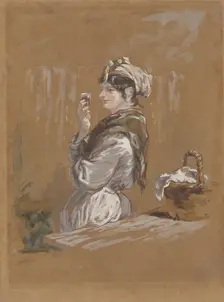 A woman leaning against a table with a small glass in her hand (washerwoman?). Creator: Paul Gavarni