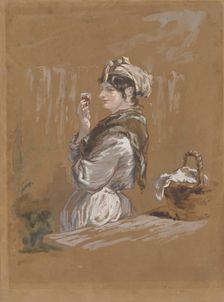 A woman leaning against a table with a small glass in her hand (washerwoman?). Creator: Paul Gavarni