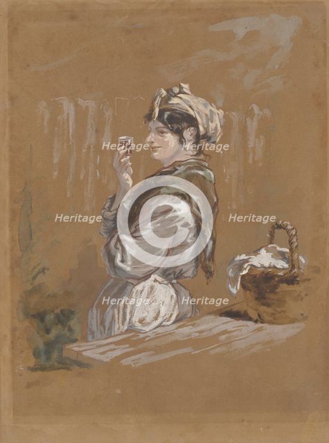 A woman leaning against a table with a small glass in her hand (washerwoman?). Creator: Paul Gavarni.