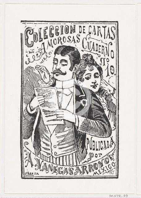 A woman looking over a man's shoulder at the letter in his hand, illustration for..., ca. 1880-1910. Creator: José Guadalupe Posada.