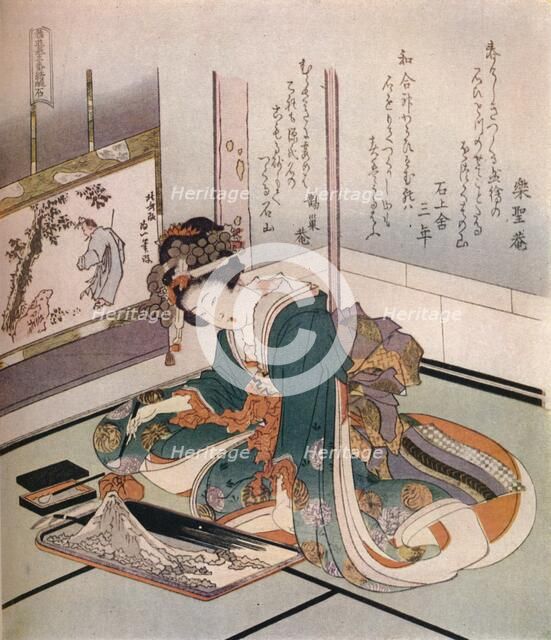 'A woman making a miniature model of Mount Fuji', c1823. Creator: Hokusai.