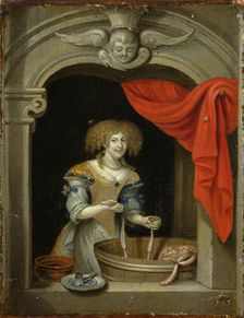 A woman making sausage. Creator: Schalcken, Godfried, (Follower)