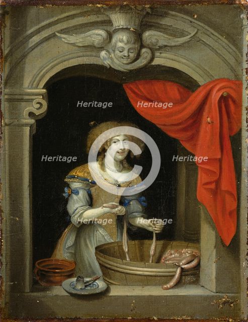 A woman making sausage. Creator: Schalcken, Godfried, (Follower)  .