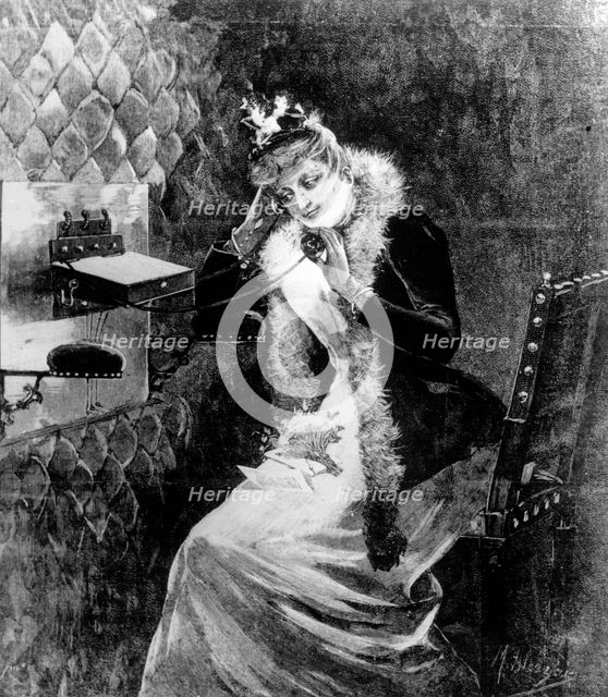 A woman on the telephone, c late 19th century. Creator: Unknown.