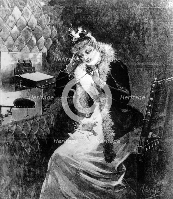 A woman on the telephone, c late 19th century. Artist: Unknown
