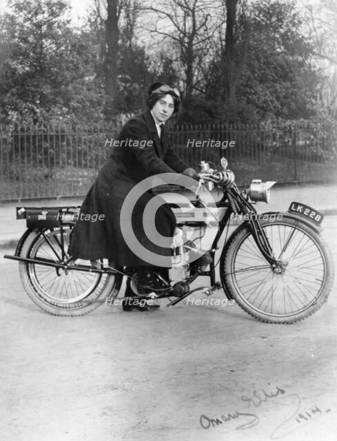 A woman on a Douglas motorbike, 1914. Artist: Unknown