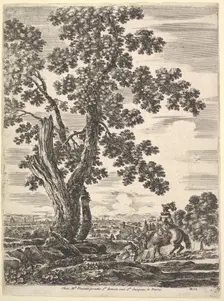 A woman on horseback seen from behind descending a hill to the right, a large tree ..., ca. 1652-57. Creator: Stefano della Bella