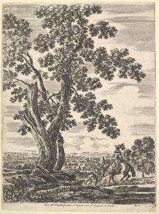 A woman on horseback seen from behind descending a hill to the right, a large tree ..., ca. 1652-57. Creator: Stefano della Bella