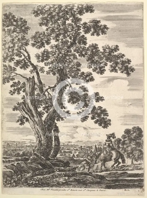 A woman on horseback seen from behind descending a hill to the right, a large tree ..., ca. 1652-57. Creator: Stefano della Bella.