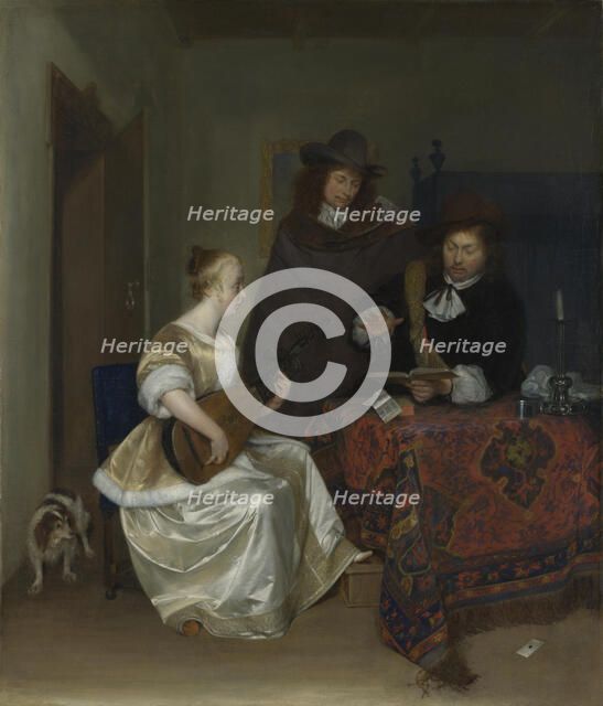 A Woman playing a Theorbo to Two Men, ca 1668. Artist: Ter Borch, Gerard, the Younger (1617-1681)