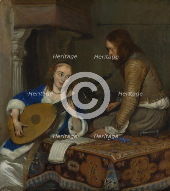 A Woman Playing the Theorbo-Lute and a Cavalier, ca. 1658. Creator: Gerard Terborch II.