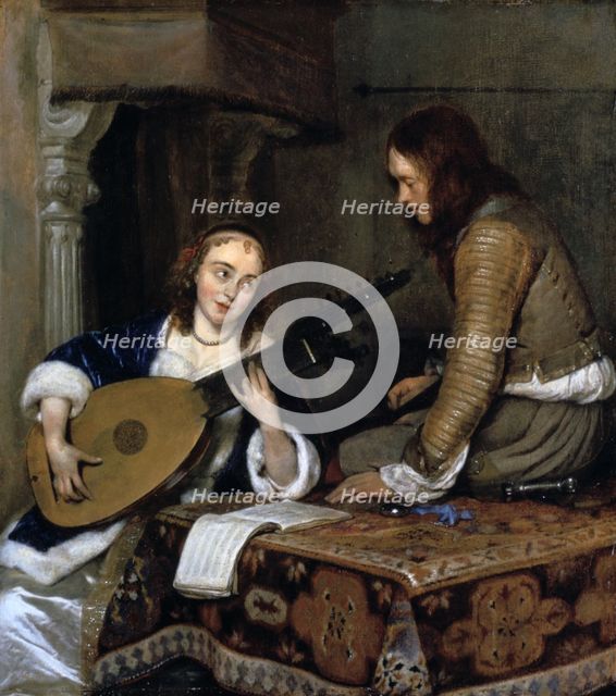 'A Woman Playing the Theorbo-Lute and a Cavalier', c1658. Artist: Gerard Terborch II