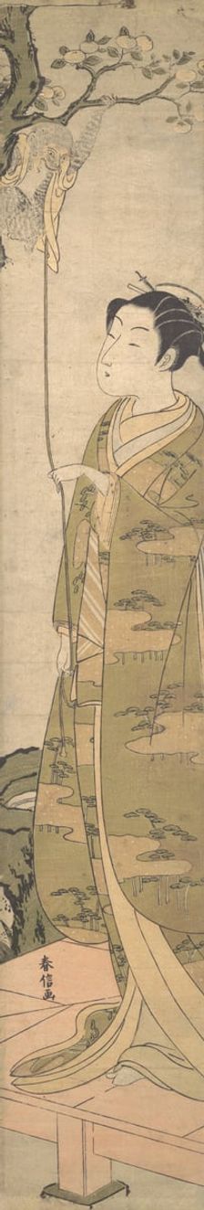 A Woman Playing with a Monkey which Has Climbed a Tree, ca. 1770., ca. 1770. Creator: Suzuki Harunobu