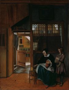 A Woman Preparing Bread and Butter for a Boy, c. 1660. Artist: Hooch, Pieter, de (1629-1684)