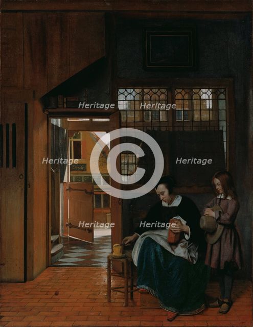 A Woman Preparing Bread and Butter for a Boy, c. 1660. Artist: Hooch, Pieter, de (1629-1684)
