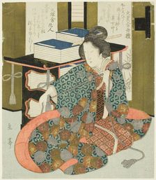A Woman Pulling the Cord of a Wheeled Book Case, from the series "A Set of Seven...", c. 1825. Creator: Gakutei