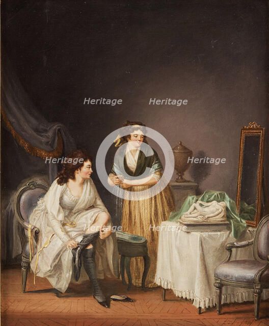 A woman pulling up her stocking, 1798.