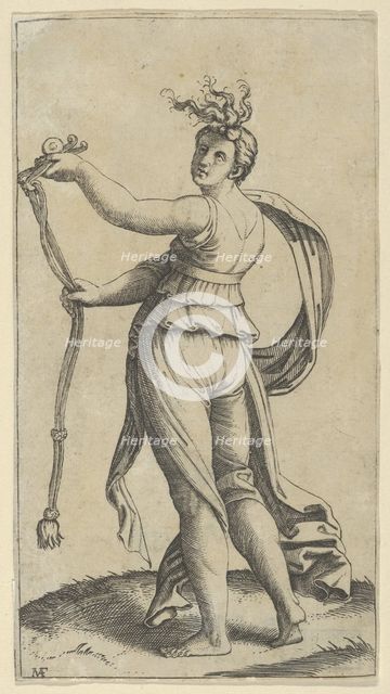 A woman representing Temperance holding a bit facing left, ca. 1510-27. Creator: Marcantonio Raimondi.