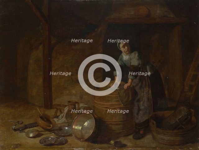 A Woman scouring a Pot, c. 1650-1660. Artist: Bosch, Pieter van den (ca. 1613-1663)