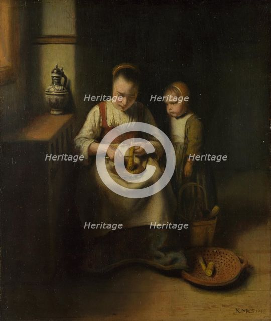 A Woman scraping Parsnips, with a Child standing by her, 1655. Artist: Maes, Nicolaes (1634-1693)