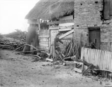 A woman sawing logs outside an outbuilding used as a wood store, Godstow, Oxford, Oxfordshire, 1900. Creator: Henry Taunt