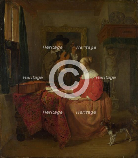 A Woman seated at a Table and a Man tuning a Violin, c. 1657–1658. Artist: Metsu, Gabriel (1629-1667)