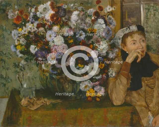 A Woman Seated beside a Vase of Flowers (Madame Paul Valpinçon?), 1865. Creator: Edgar Degas.