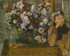 A Woman Seated beside a Vase of Flowers (Madame Paul Valpinçon?), 1865. Creator: Edgar Degas