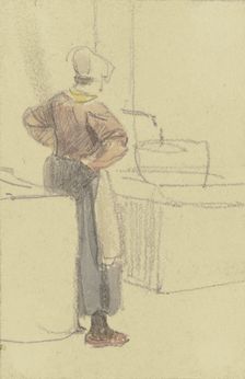 A woman, seen from behind with her hands on her hips, waits at a well until her tub is full, c1840s. Creator: Jakob Dielmann