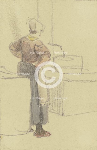 A woman, seen from behind with her hands on her hips, waits at a well until her tub is full, c1840s. Creator: Jakob Dielmann.