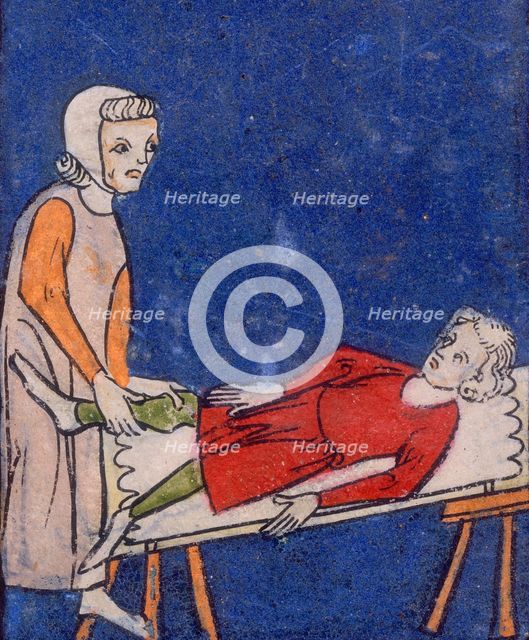 A woman setting a bone in a boy's leg, 14th century. Creator: Unknown.