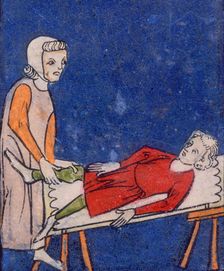 A woman setting a bone in a boy's leg, 14th century. Creator: Unknown