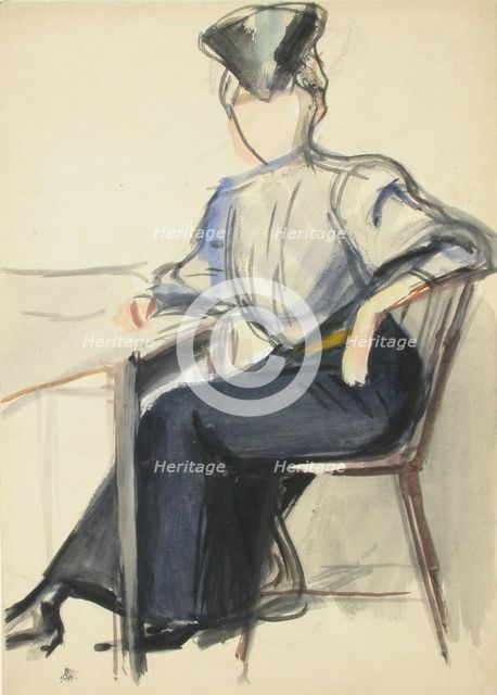 A woman sitting at a table, sketch, c1910s. Creator: Verner Thome.