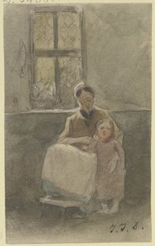 A woman sitting by a window holds a child standing beside her, c1840s. Creator: Jakob Dielmann
