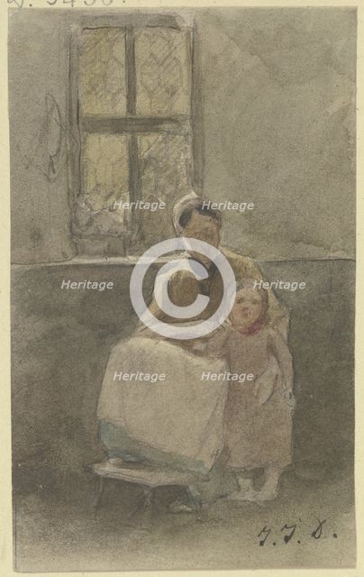 A woman sitting by a window holds a child standing beside her, c1840s. Creator: Jakob Dielmann.