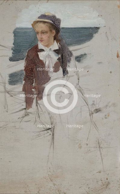 A woman sitting by the rail of a ship, sketch, c1890s. Creator: Albert Edelfelt.