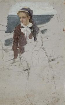 A woman sitting by the rail of a ship, sketch, c1890s. Creator: Albert Edelfelt