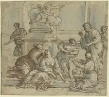 A woman slumped against a pillar is supported by three others, one holding a washbasin... Creator: Giuseppe Nicola Nasini