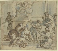 A woman slumped against a pillar is supported by three others, one holding a washbasin... Creator: Giuseppe Nicola Nasini