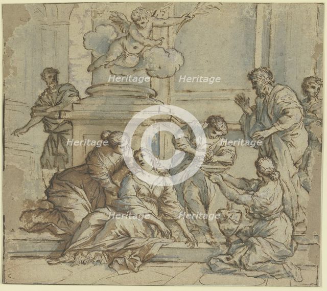 A woman slumped against a pillar is supported by three others, one holding a washbasin... Creator: Giuseppe Nicola Nasini.