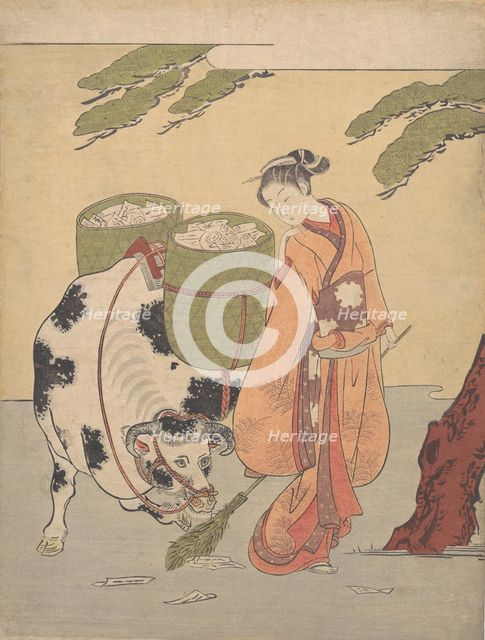A Woman Sweeping up Her Love Letters, 1725-1770., 1725-1770. Creator: Suzuki Harunobu.