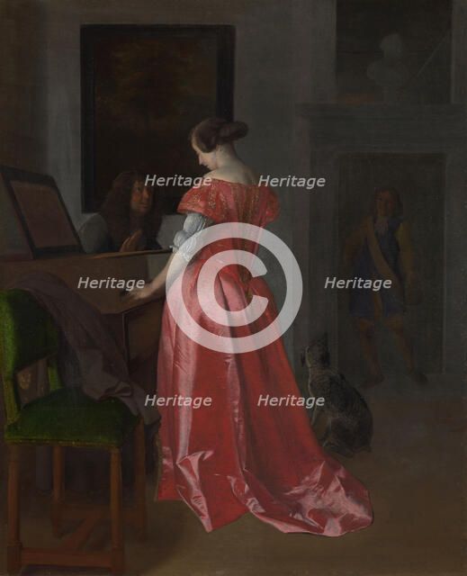 A Woman standing at a Harpsichord, ca 1675. Artist: Ochtervelt, Jacob Lucasz. (1634-1682)