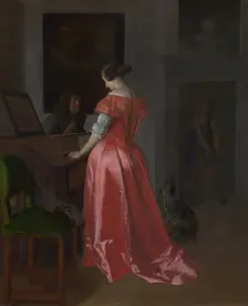 A Woman standing at a Harpsichord, ca 1675. Artist: Ochtervelt, Jacob Lucasz. (1634-1682)