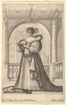 A woman standing, facing the left in profile, wearing a hat and a lace collar, reading..., ca. 1629. Creator: Abraham Bosse