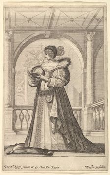 A woman standing, facing the left in profile, wearing a hat and a lace collar, reading..., ca. 1629. Creator: Abraham Bosse